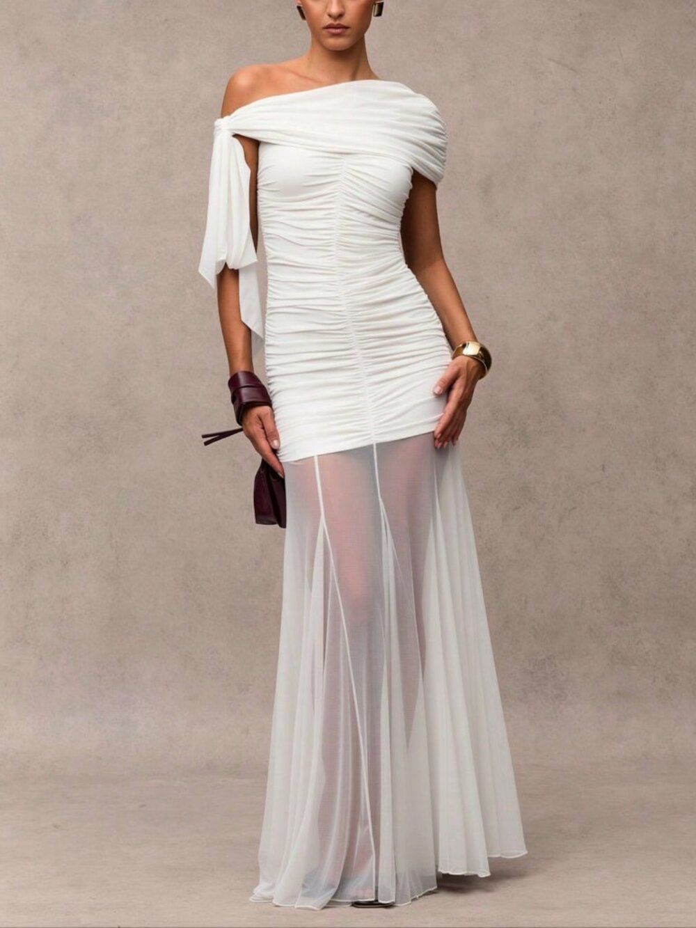 White Elegant Women's Minimalist Asymmetrical Shoulder Formal Dress - Picture 3 of 6